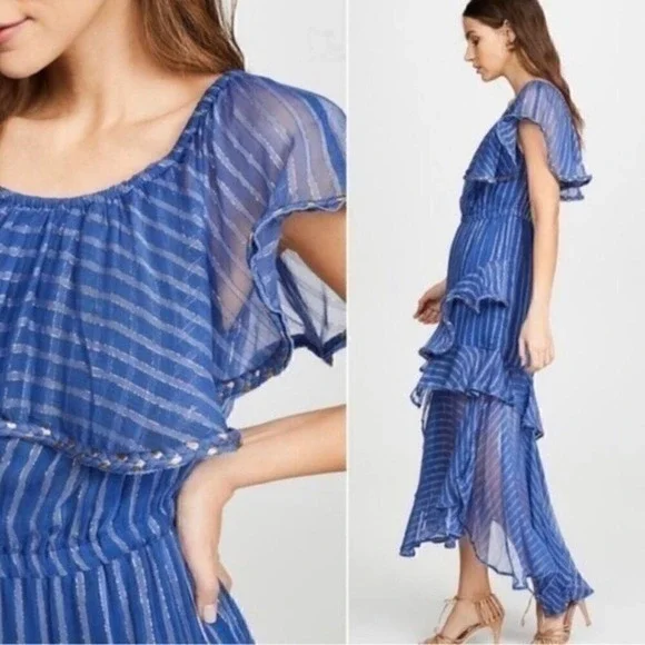 Misa Los Angeles Dress Blue Gold Medium Ambrosia Ruffle Hem Boho Festival NEW - Picture 3 of 16